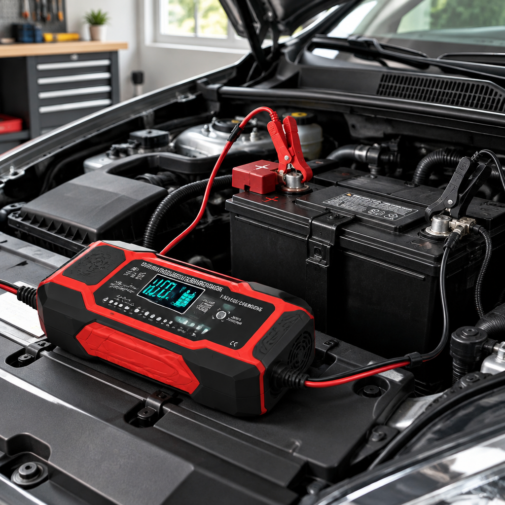 Cargador 12V conectado a batería de coche