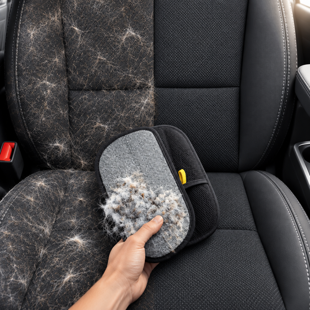Antes y después de quitar pelos de mascota del asiento