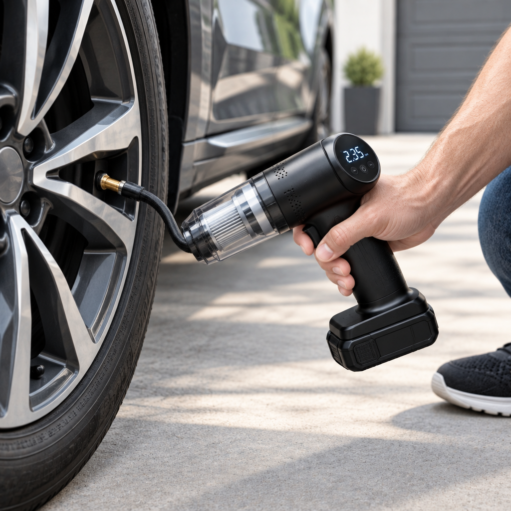 Inflador inalámbrico conectado a un neumático de coche